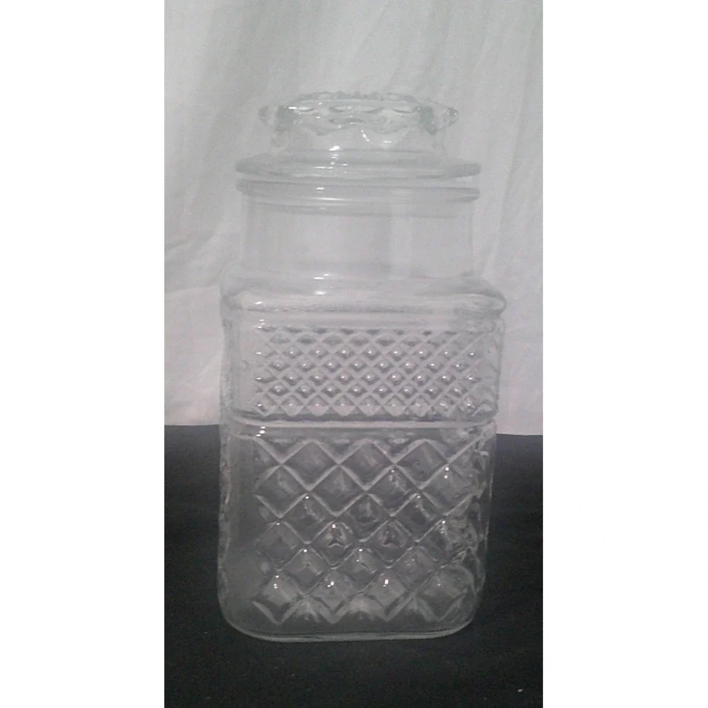 Vintage Anchor Hocking Wexford Glass Canister with Lid Diamond Cut Pattern